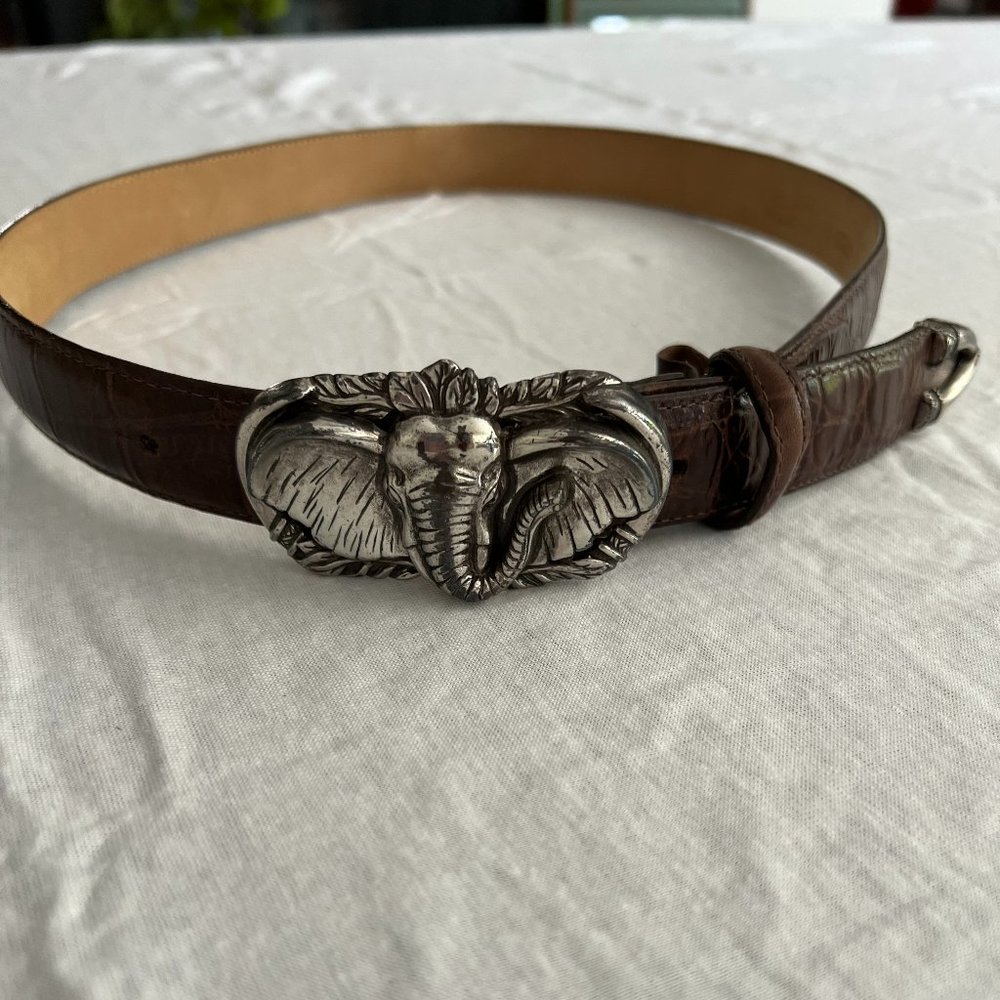 Brighton Brown Leather Belt with Elephant Buckle in Silver